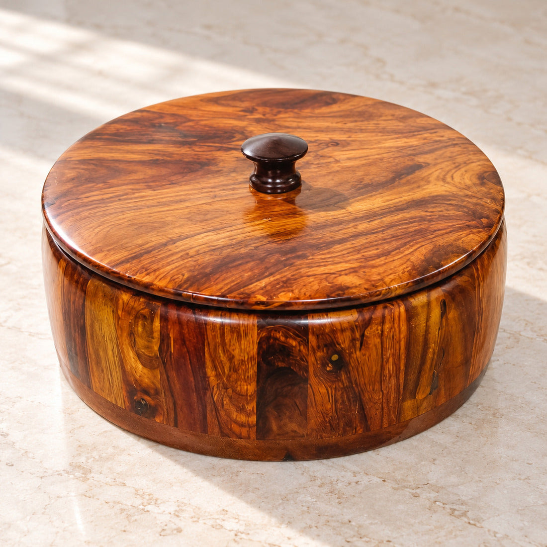 Premium Sheesham Wooden Hotpot (12 Inch) – Handcrafted Serving Box with Lid