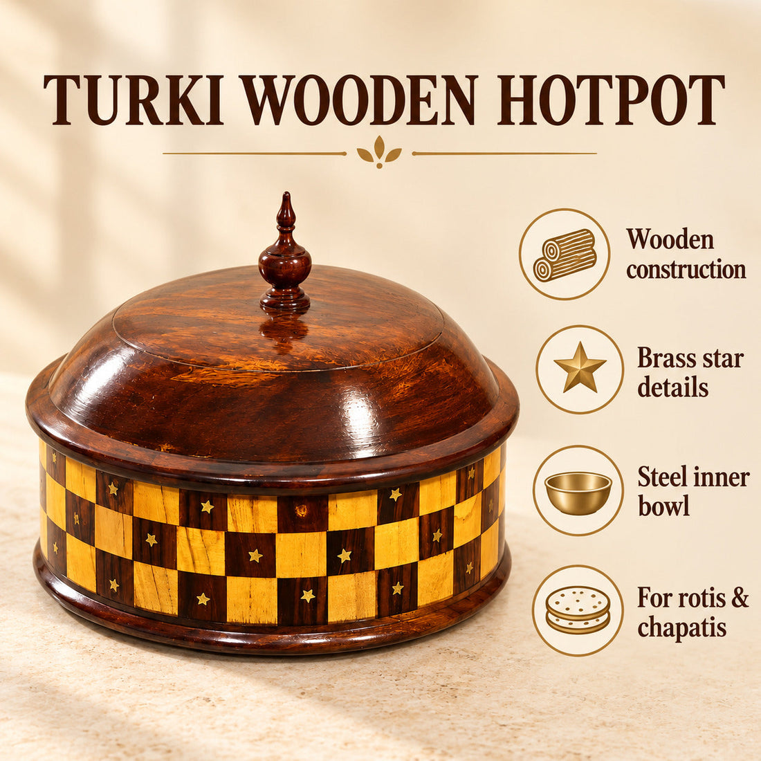 Wooden large turki brass hotpot steel inner