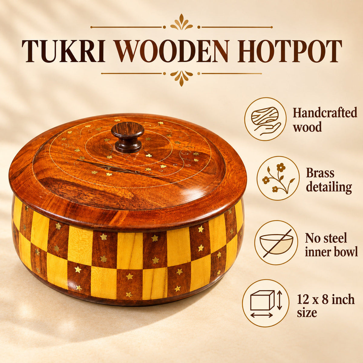 "Handcrafted 12-Inch Tukri Wooden Hotpot (Without Steel) with Brass Detailing"