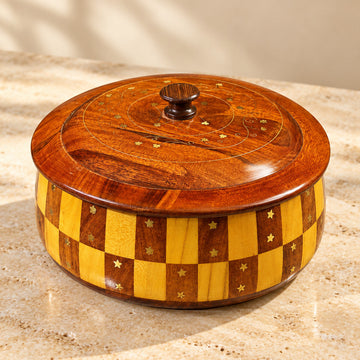 "Handcrafted 12-Inch Tukri Wooden Hotpot (Without Steel) with Brass Detailing"