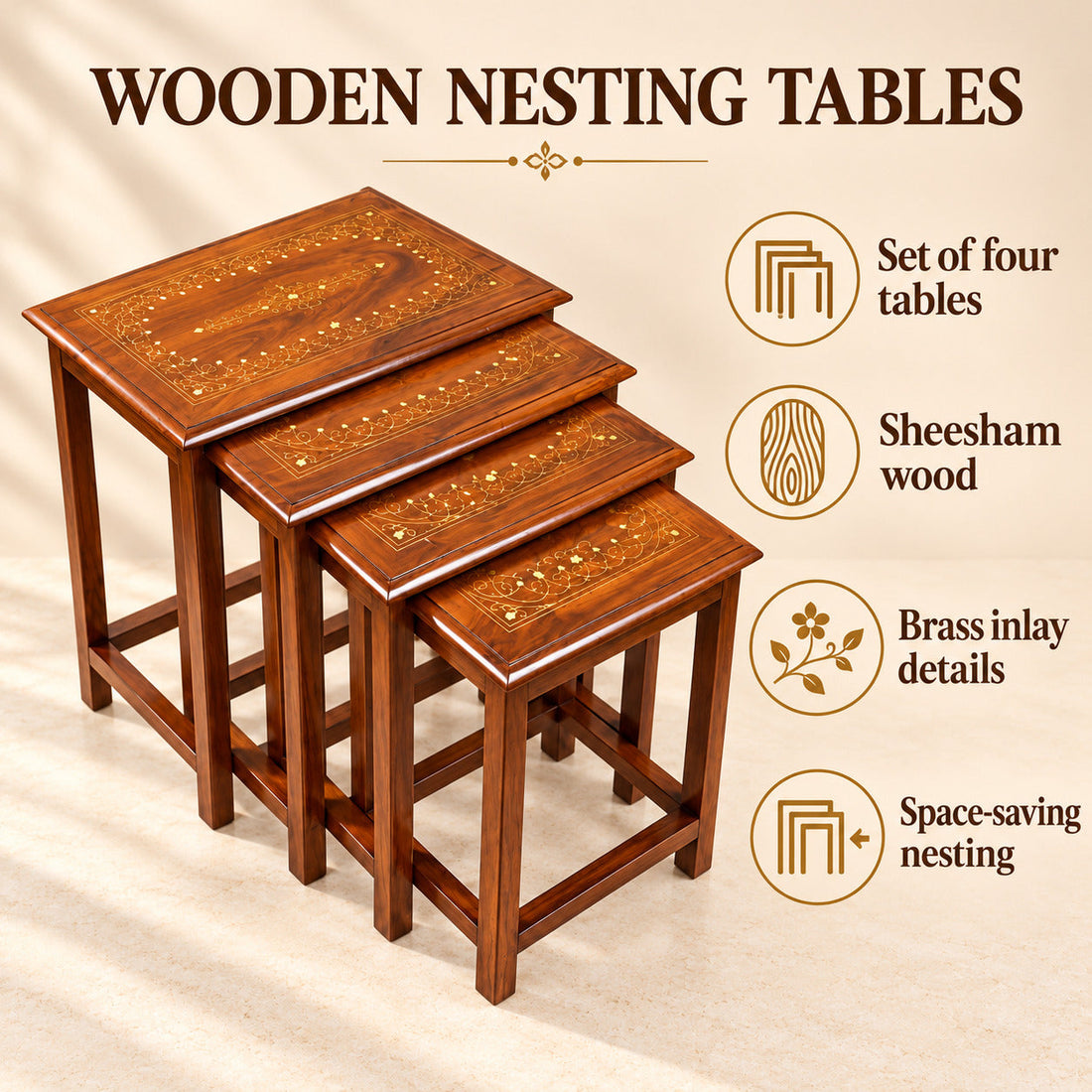 Sheesham Wood Nesting Tables with Brass Work (Set of 4)