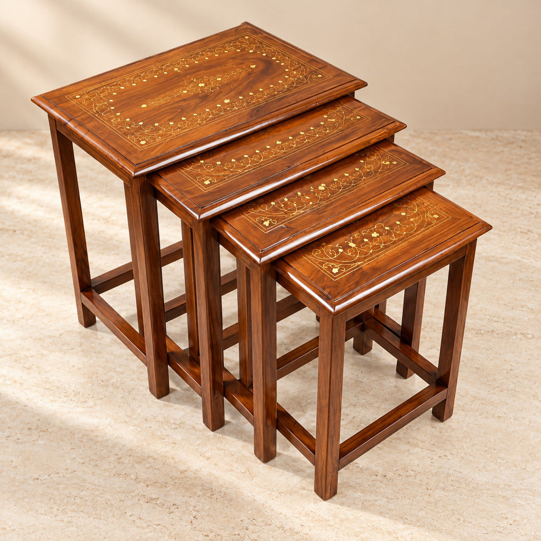 Sheesham Wood Nesting Tables with Brass Work (Set of 4)