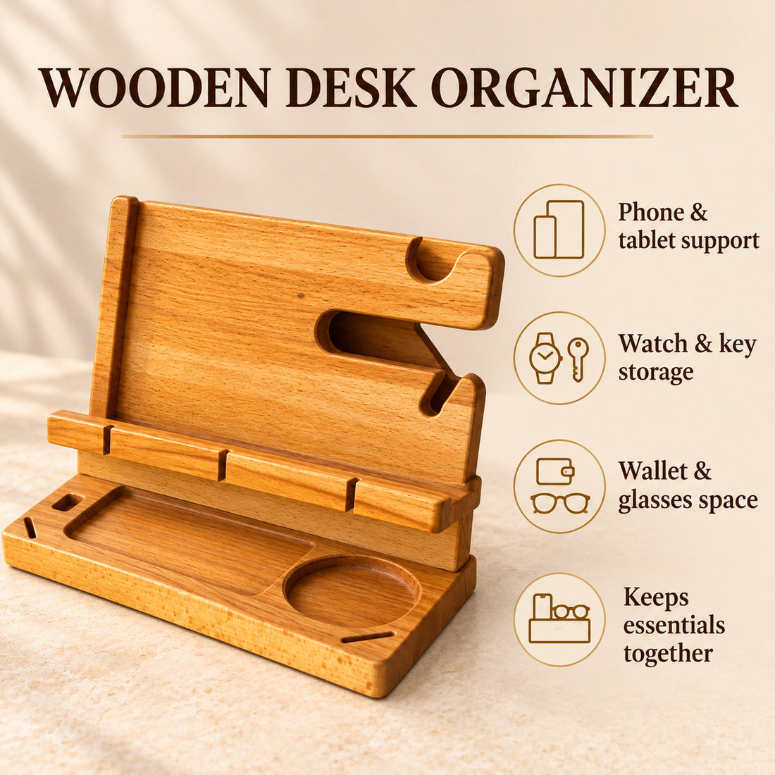 Wooden Personalized Desk organizer for Cell Phone, Tablet, Wallet, Gadgets, Watch, Keys, Accessories, Desk Organizer, Gifts for Men