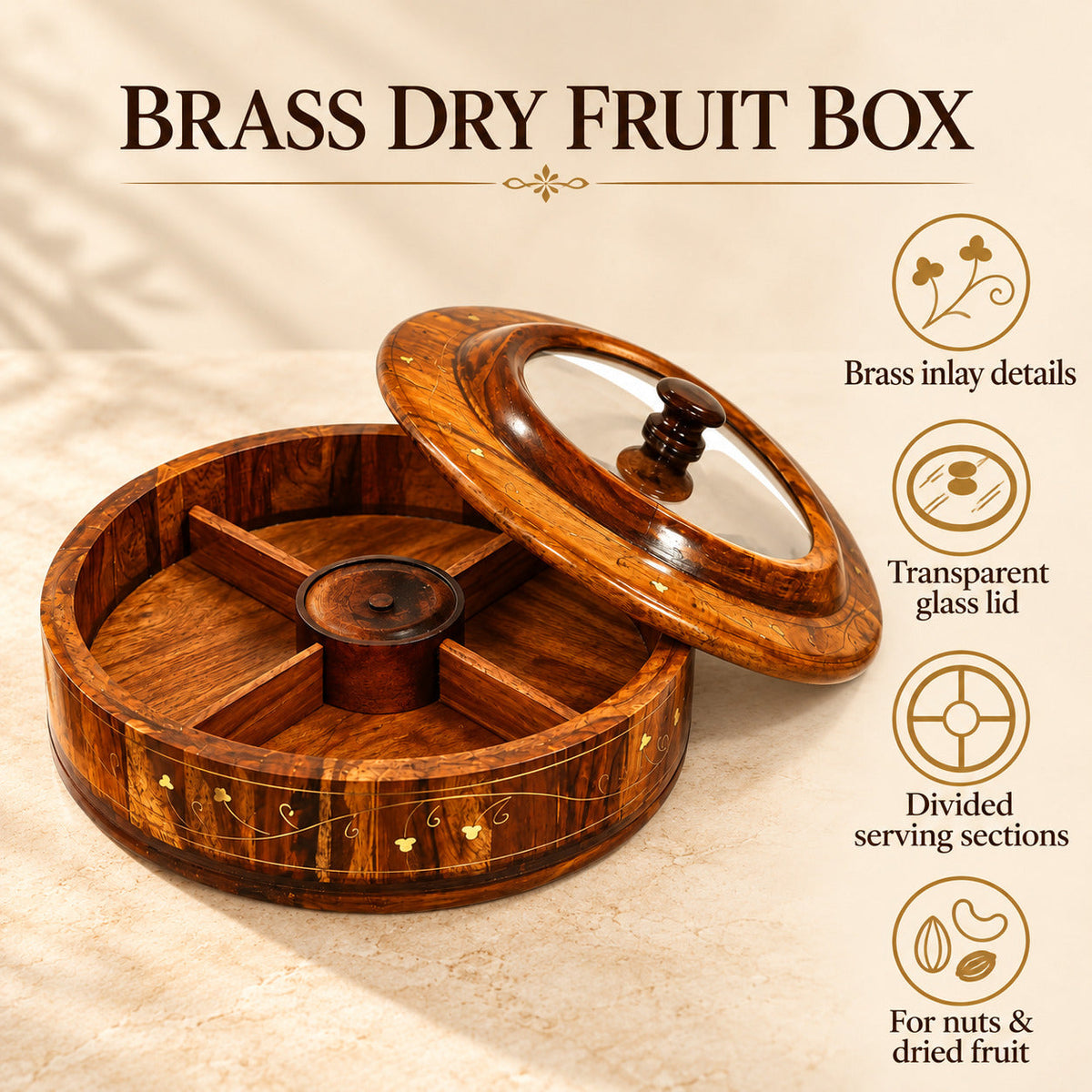 Dry Fruit Box With Glass Cover | Beautiful Brass Design