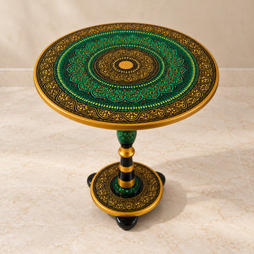 Green & Gold Art Coffee Table – 18" Round Handcrafted Table | Royal Lacquer Finish, 20" Height Accent Piece