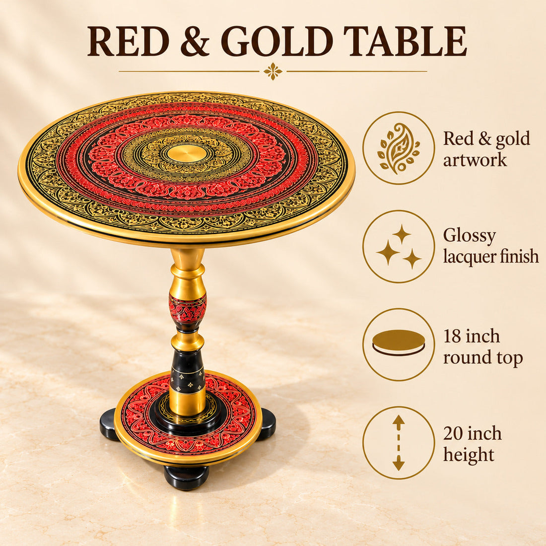 Red & Gold Art Coffee Table – 18" Round Handcrafted Accent Table | Royal Lacquer Finish