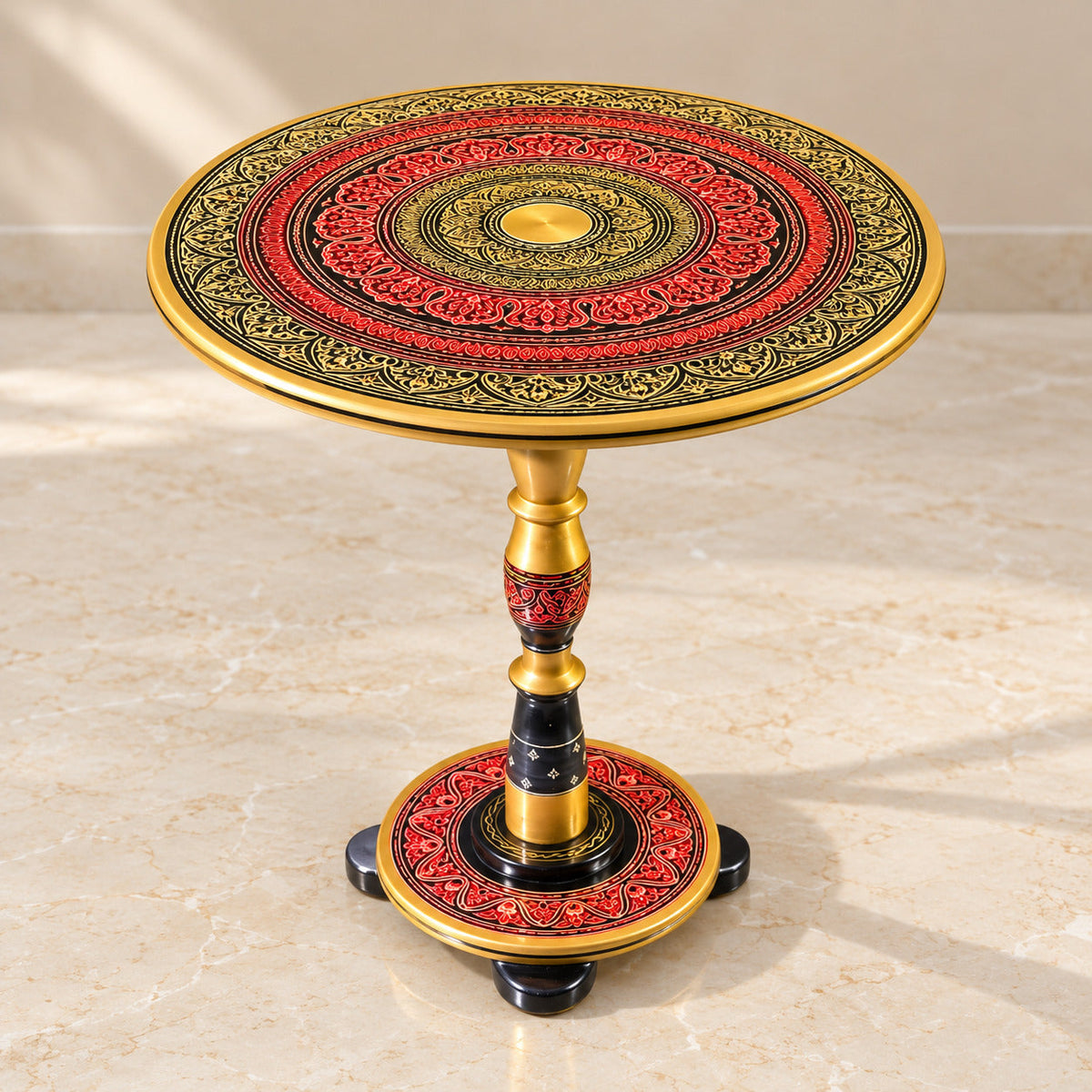Red & Gold Art Coffee Table – 18" Round Handcrafted Accent Table | Royal Lacquer Finish