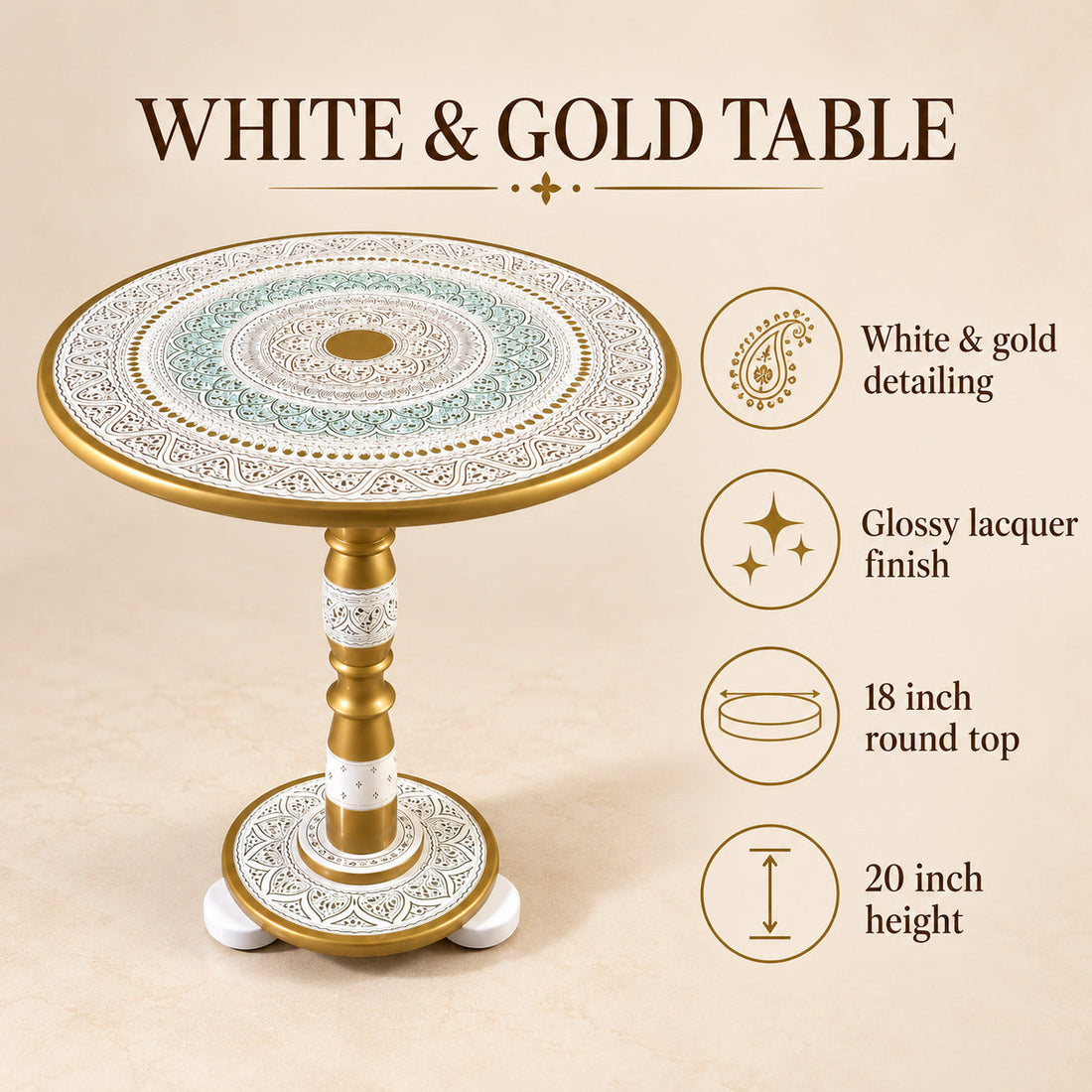 White & Gold Luxury Coffee Table – 18" Round Top, 20" Height | Handcrafted Royal Accent Table