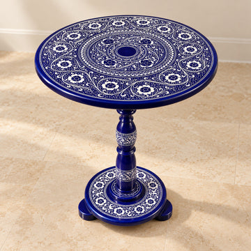 Elegant Blue & White Art Coffee Table – 18" Round Top, 20" Height | Handcrafted Lacquer Accent Table