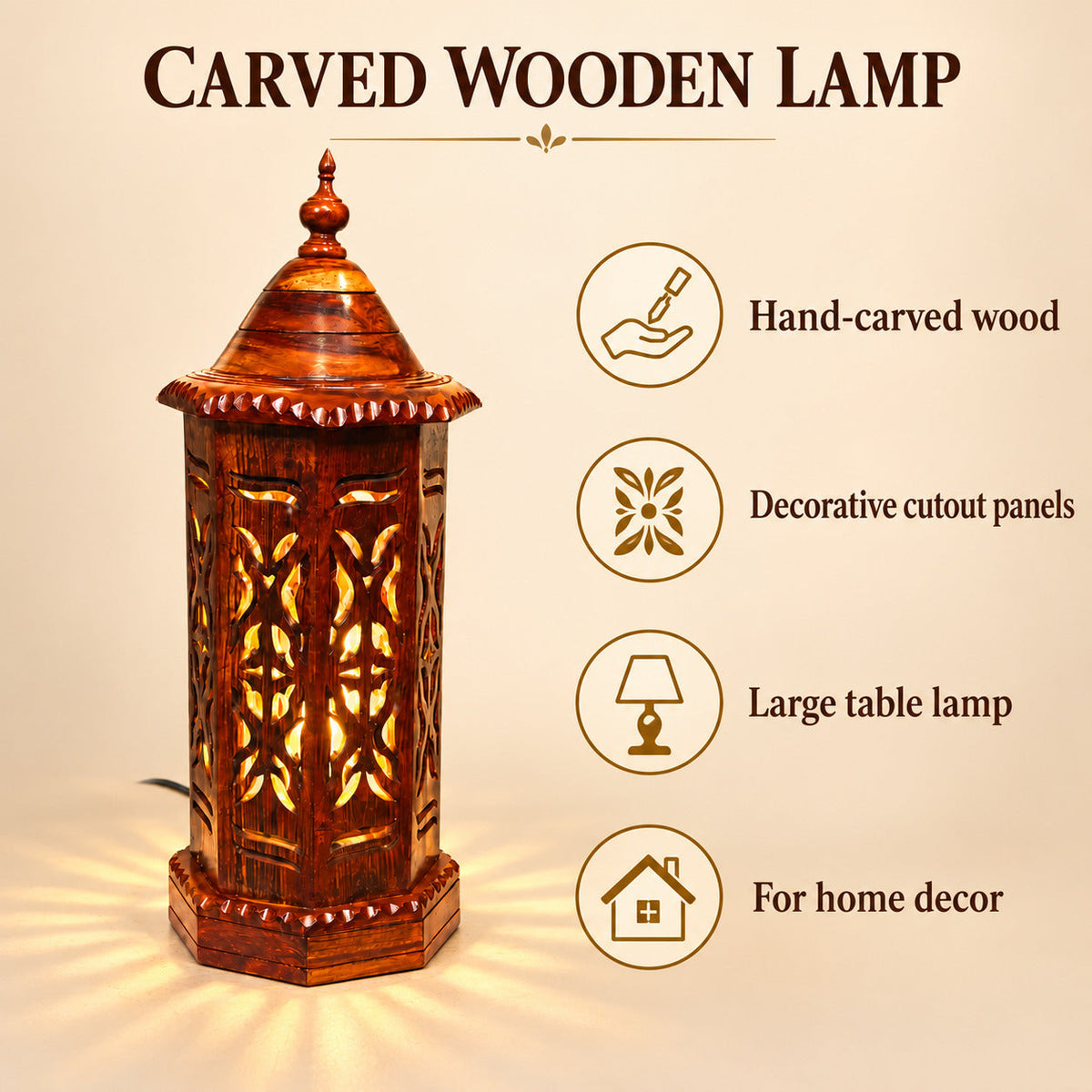 Wooden Table Lamp Large with Beautiful Hand Carving