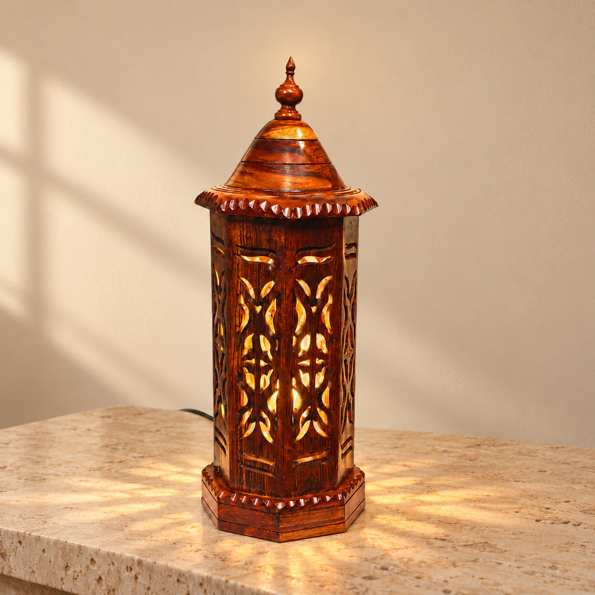 Wooden Table Lamp Large with Beautiful Hand Carving