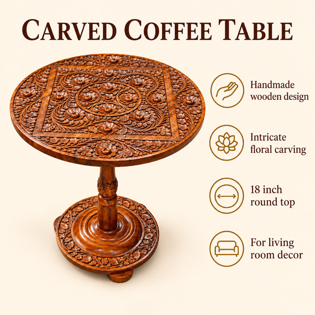 Handmade Coffee Table With Hand Craved Work 18"