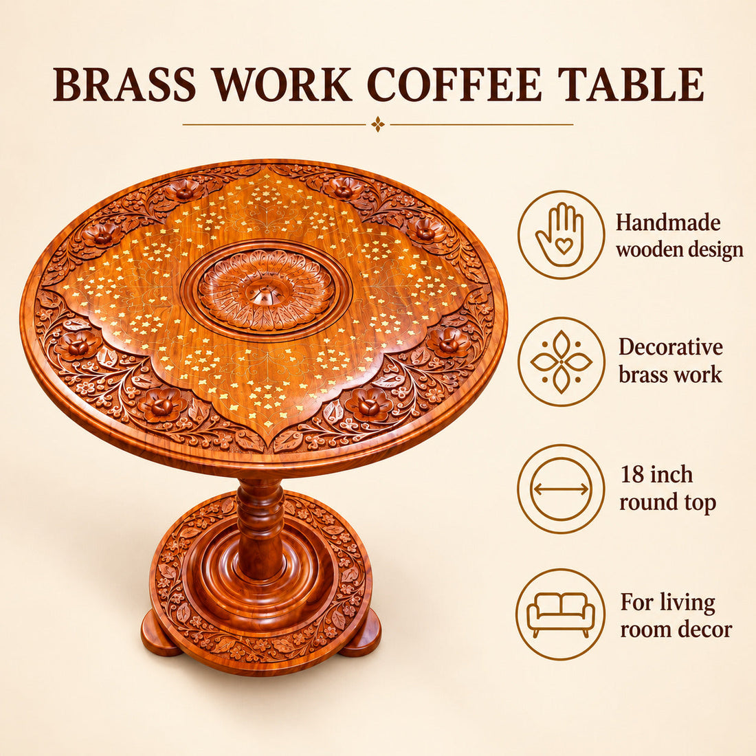 Wooden Handmade Coffee Table With Brass Work 18"