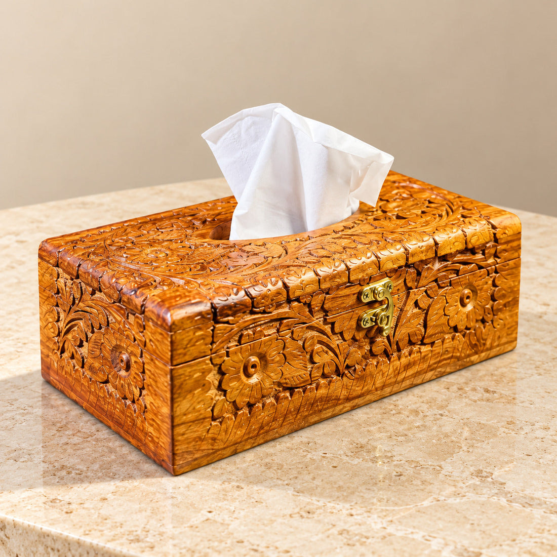 Artisan Hand-Carved Sheesham Wood Tissue Box – 6x11