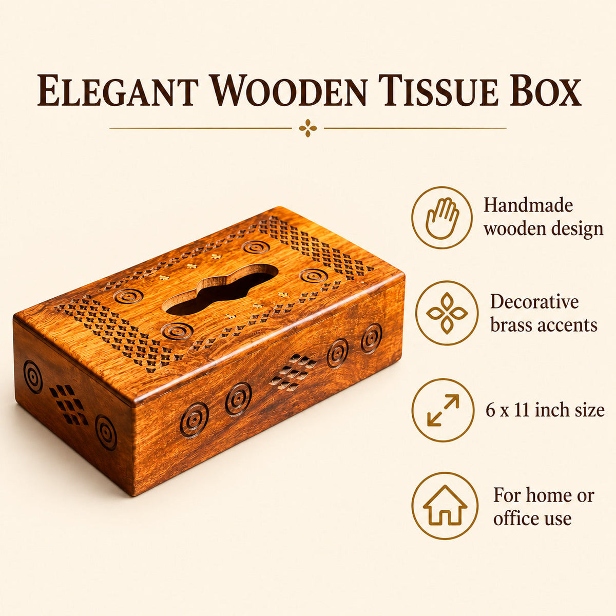 Elegant Handmade Wooden Tissue Box with Brass Accents – 6x11