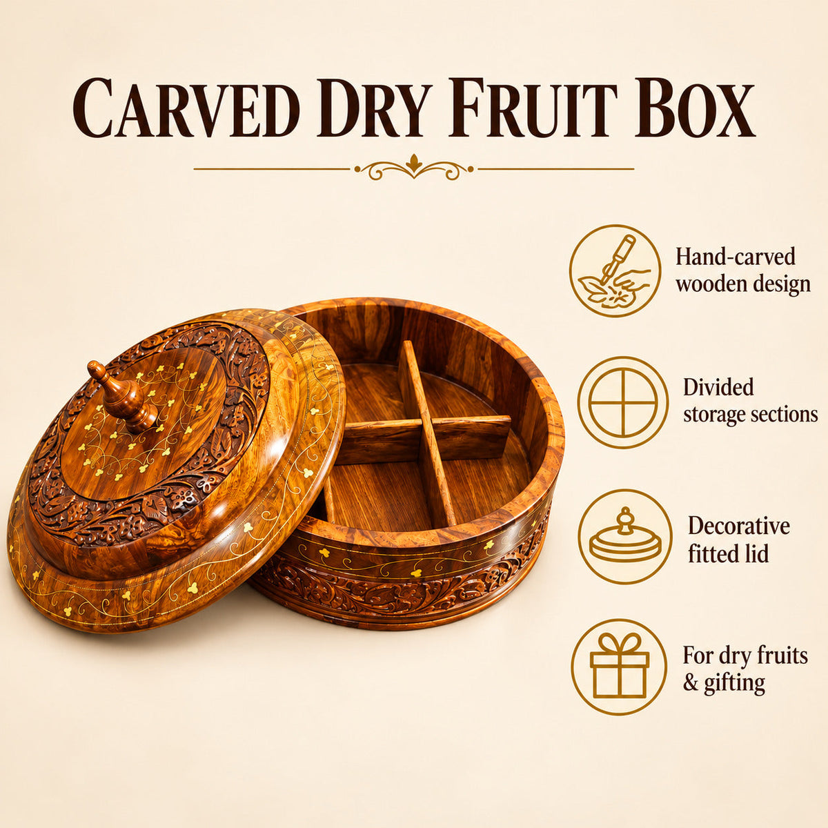 Exquisite Hand-Carved Wooden Dry Fruit Box Elegant Craftsmanship for Stylish Storage and Gifting