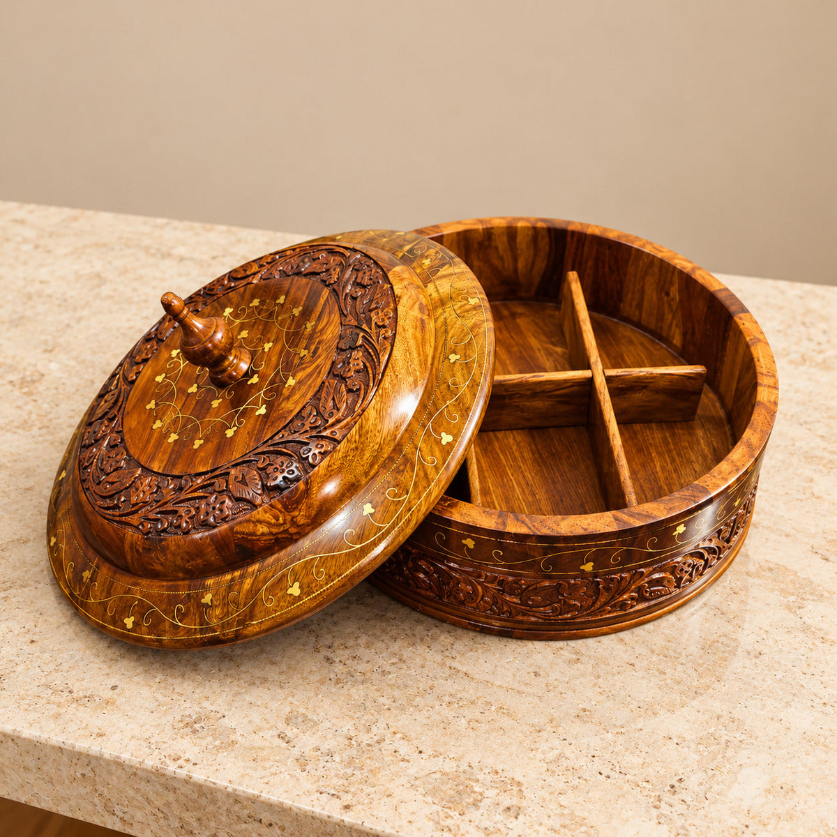 Exquisite Hand-Carved Wooden Dry Fruit Box Elegant Craftsmanship for Stylish Storage and Gifting