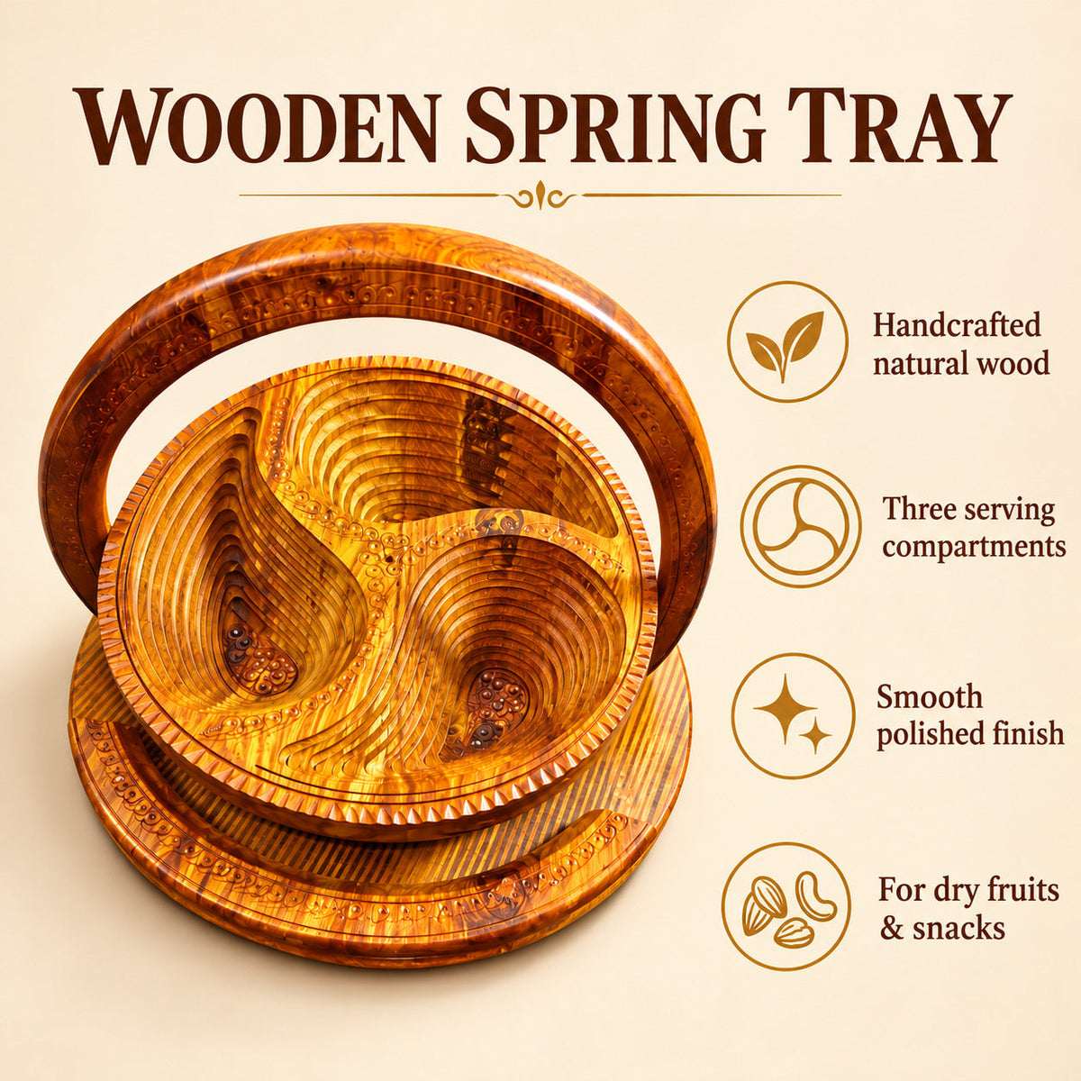 3-Portion Handcrafted Wooden Spring Tray – Stylish & Functional Dry Fruit Server