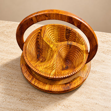 3-Portion Handcrafted Wooden Spring Tray – Stylish & Functional Dry Fruit Server