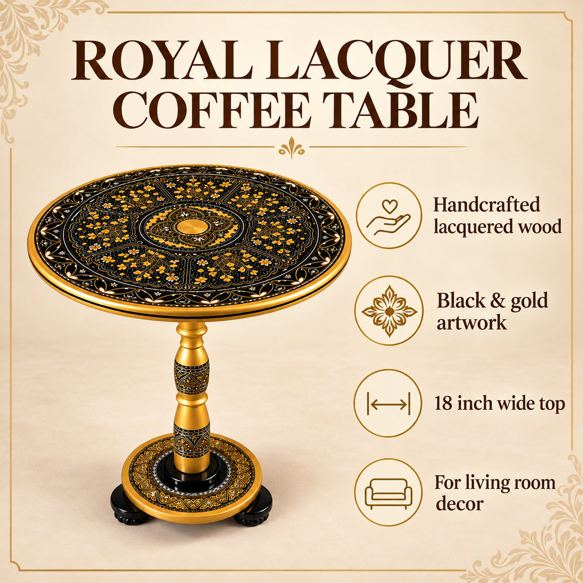 "Luxury Black & Gold Royal Lacquer Coffee Table – 18'' Decorative Accent Table | Handcrafted Elegant Design"