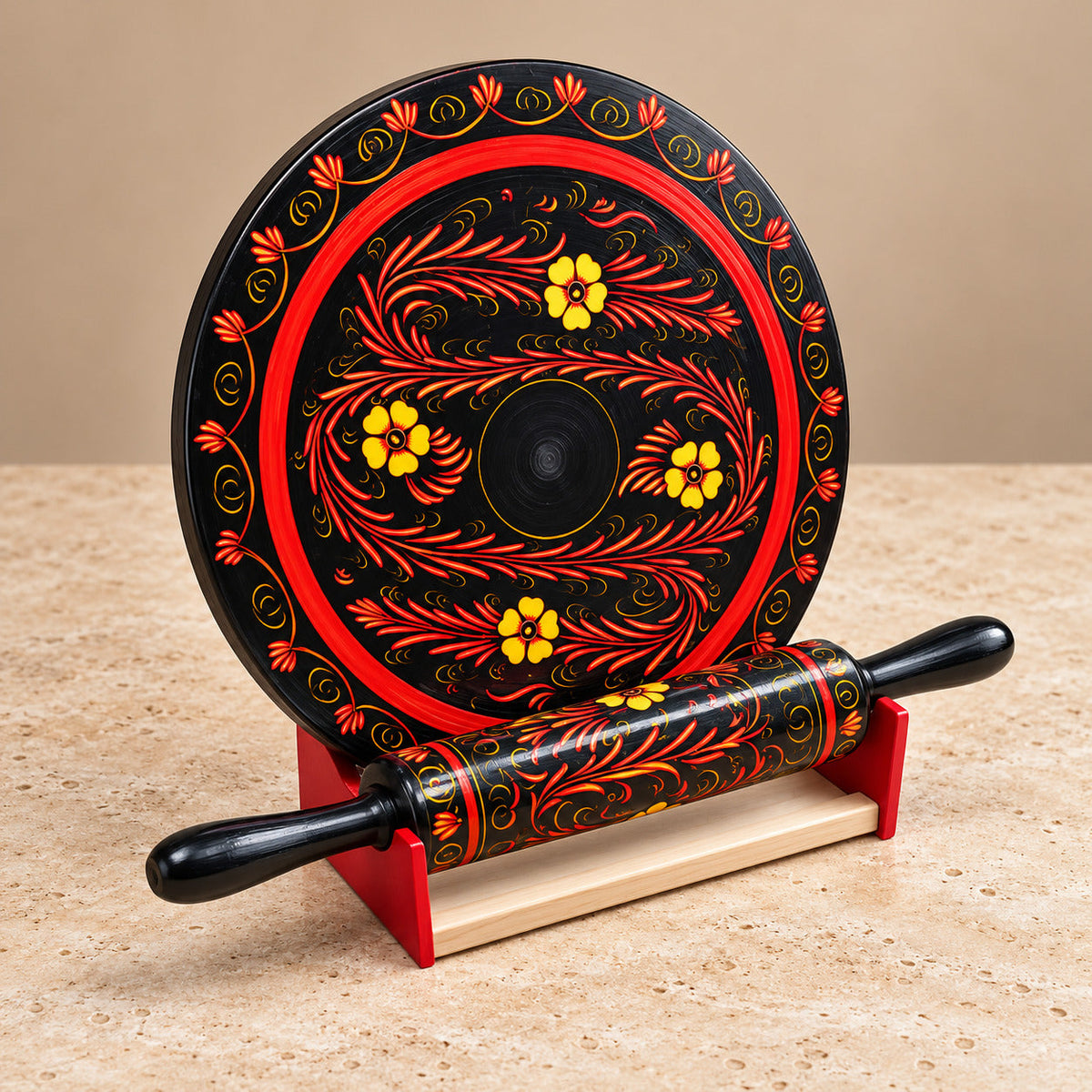 Wooden Bread Roller(Chakla Belan) with Hand Made Black & Red Lacquer Art Flower Pattern