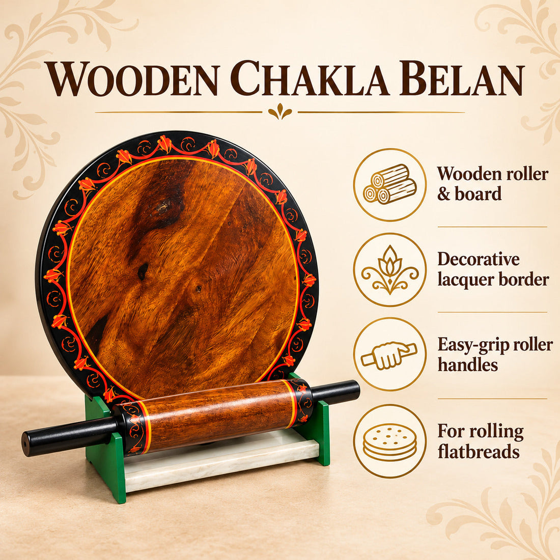Wooden Bread Roller(Chakla Belan) Hand Made Yellow Lacquer ArT