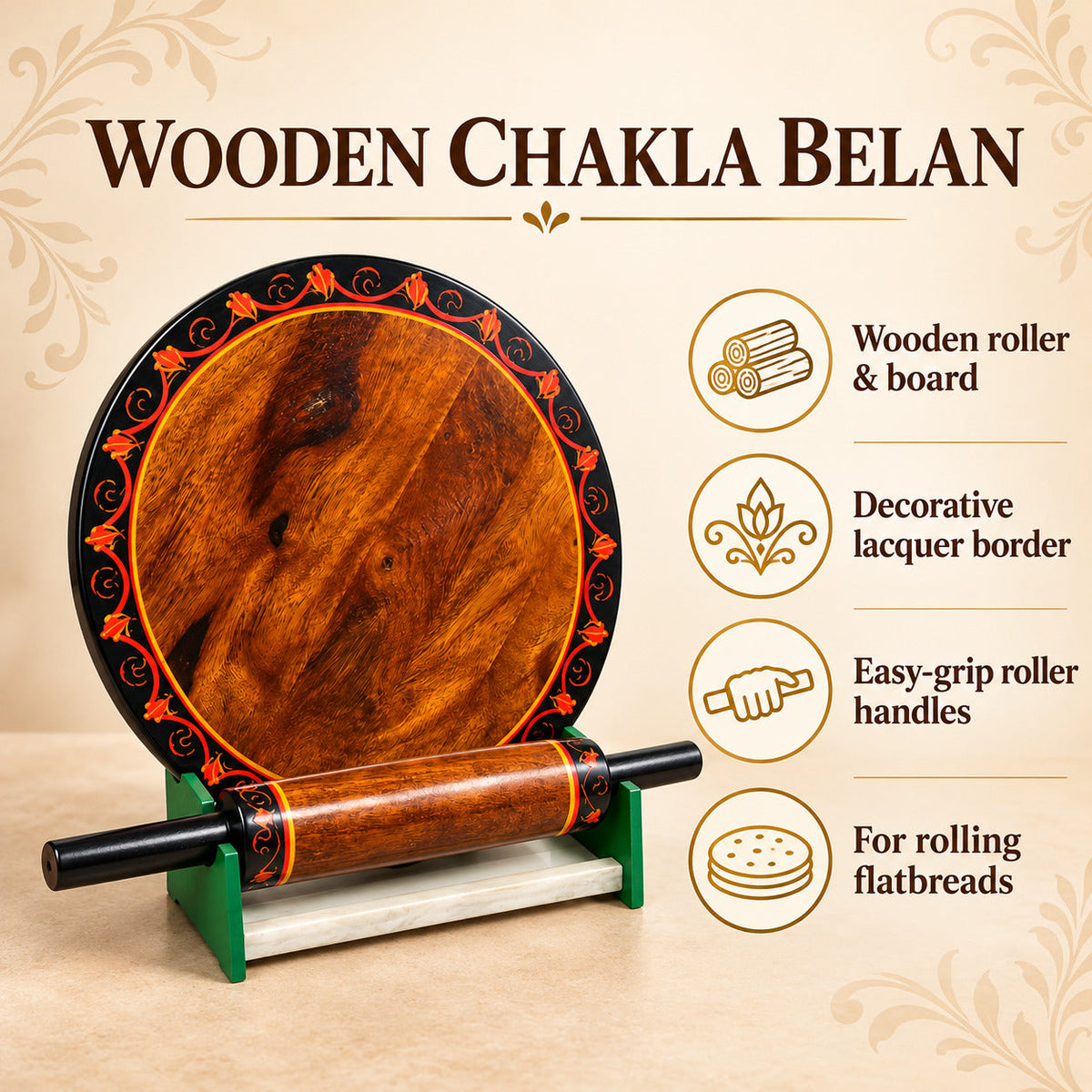 Wooden Bread Roller(Chakla Belan) Hand Made Yellow Lacquer ArT