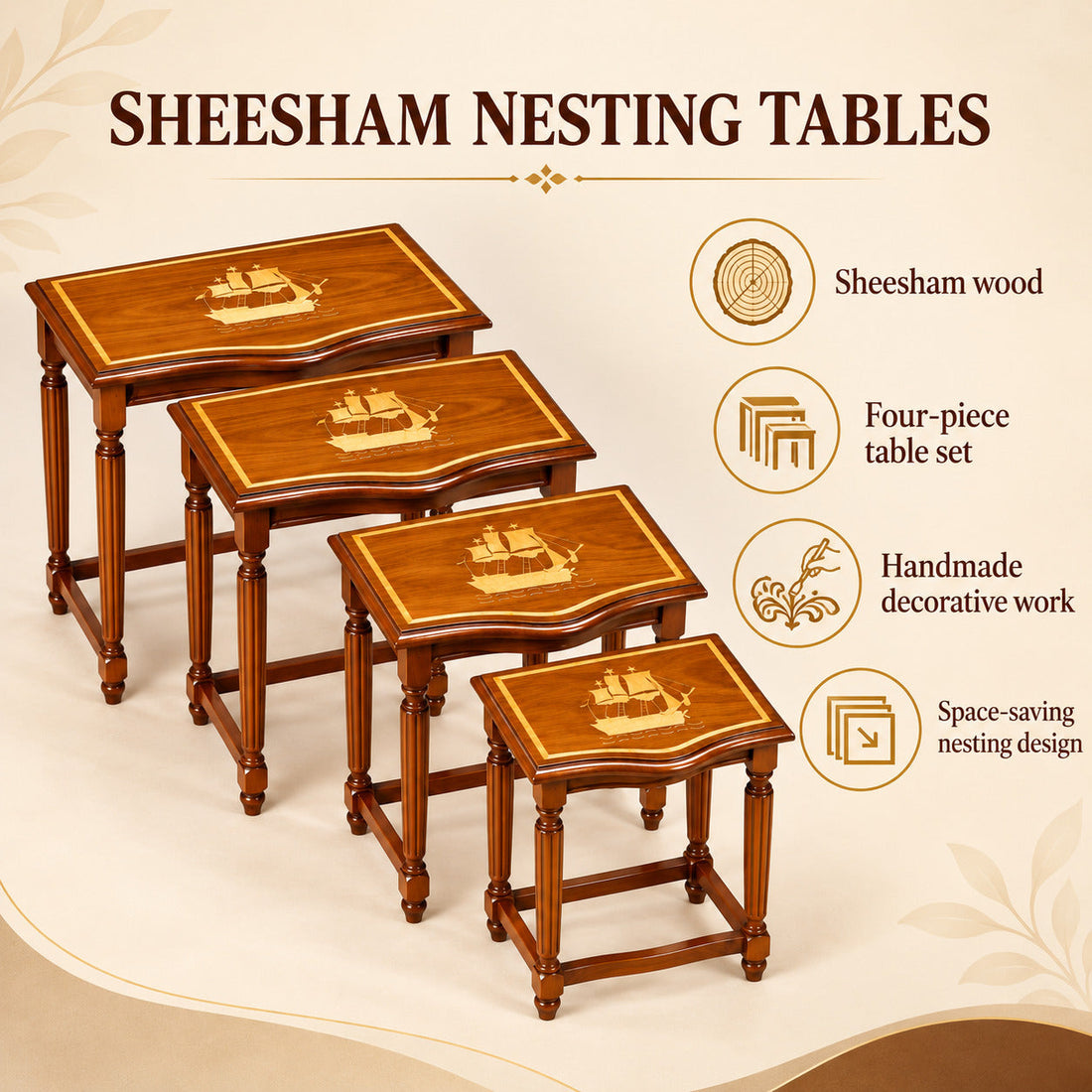 Sheesham Wood Nesting Tables with Handmaded Work (Set of 4)