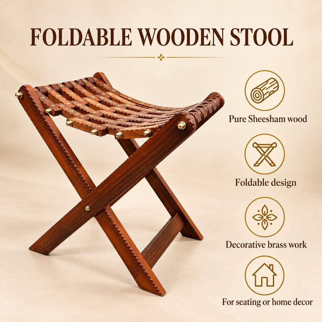 Handmade Foldable Wooden Tukri Shape Stool with Brass Work – Pure Sheesham Wood | 20” Height x 21” Length x 12” Width