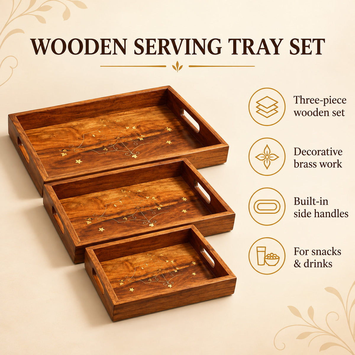 Wooden Serving Tray Set of 3 Pcs – Beautiful Brass Work