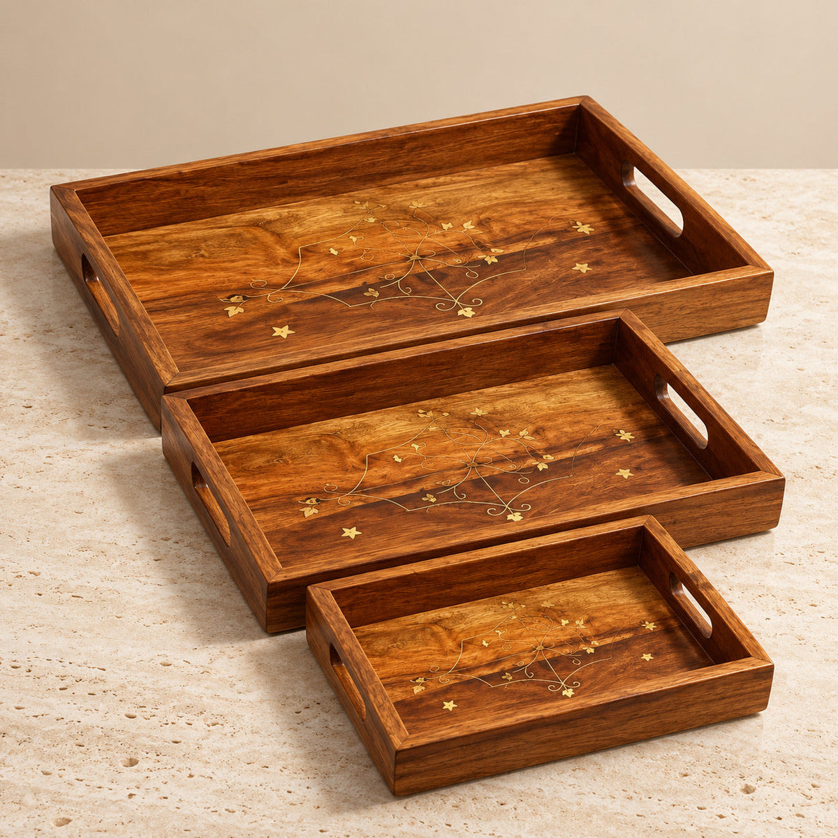 Wooden Serving Tray Set of 3 Pcs – Beautiful Brass Work