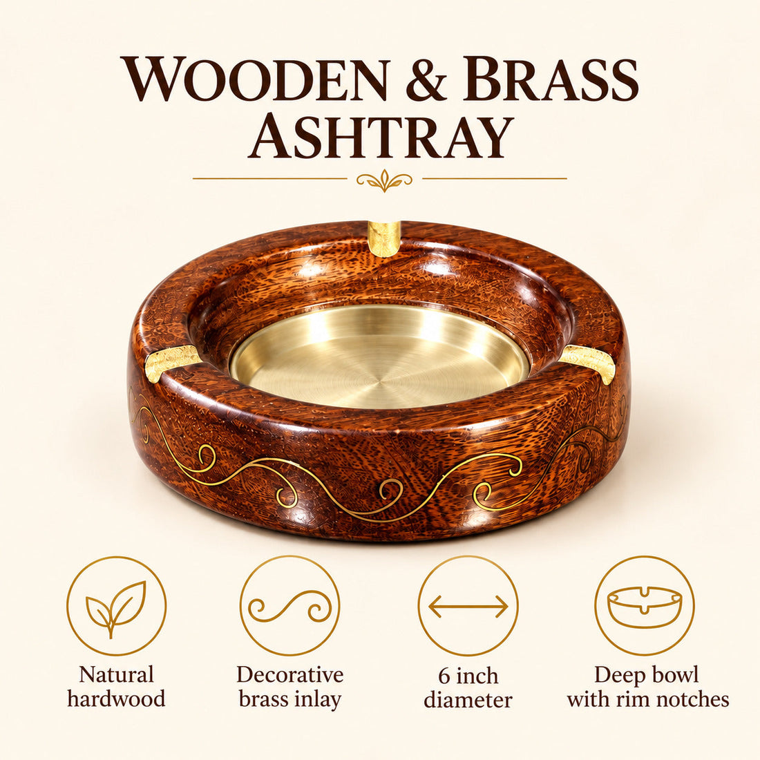 Wooden & Brass Round Ashtray – 6 Inches | Handmade Classic Design