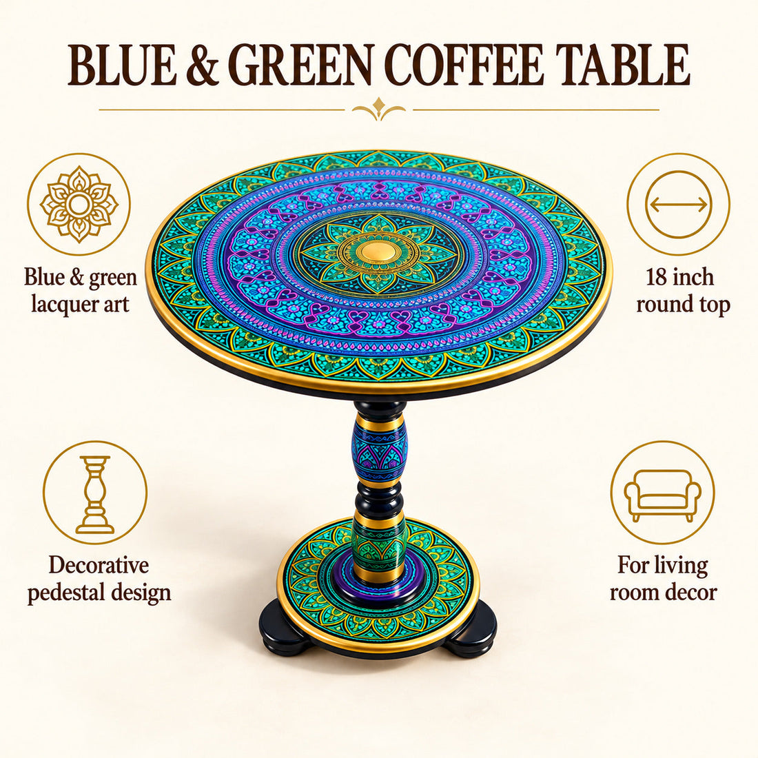 Lacquer Art Coffee Table Blue Green 18 Inches