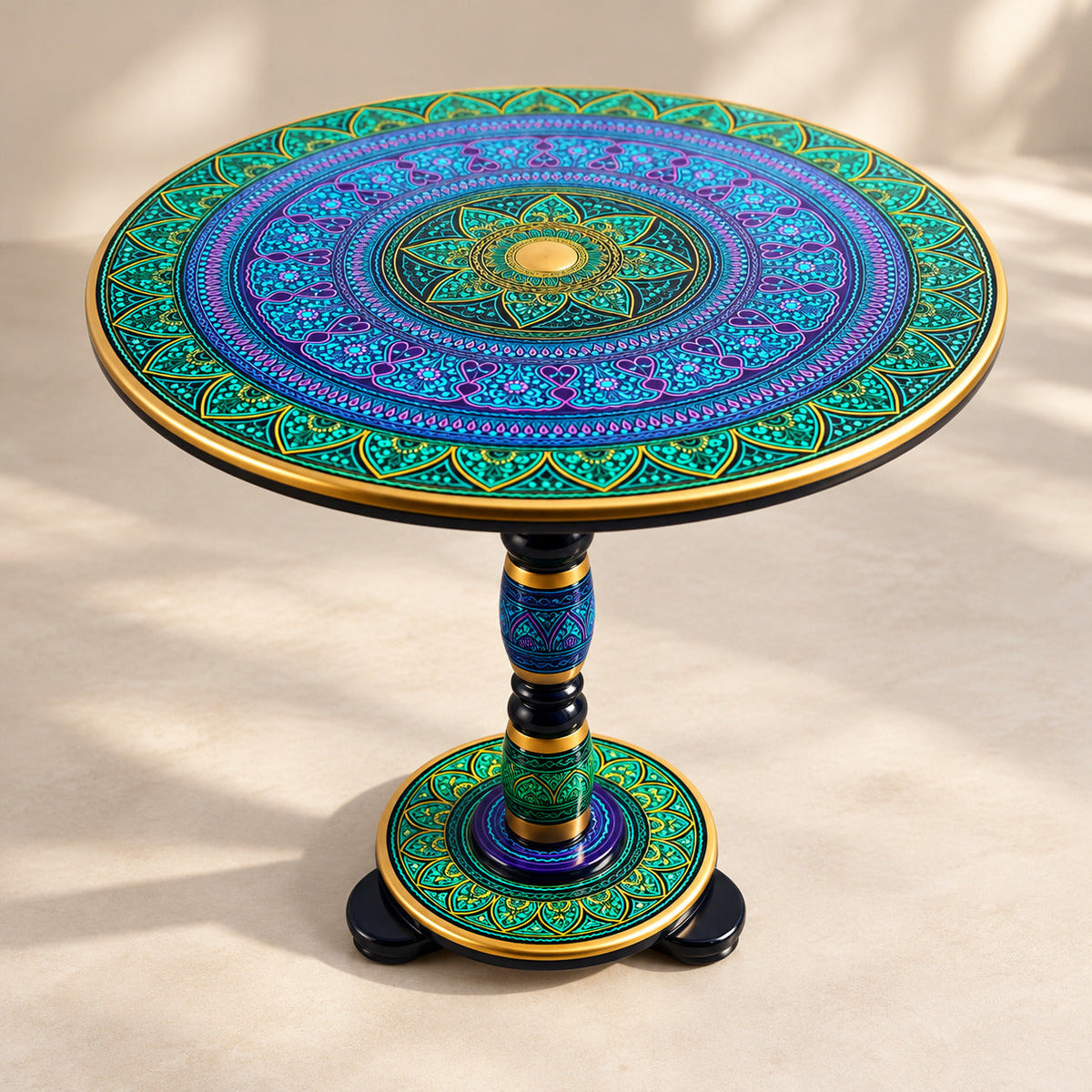Lacquer Art Coffee Table Blue Green 18 Inches