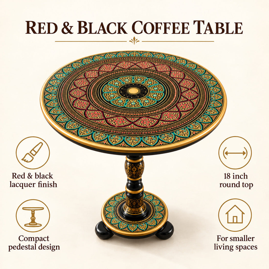 Lacquer Art Coffee Table Red Black 18 Inches