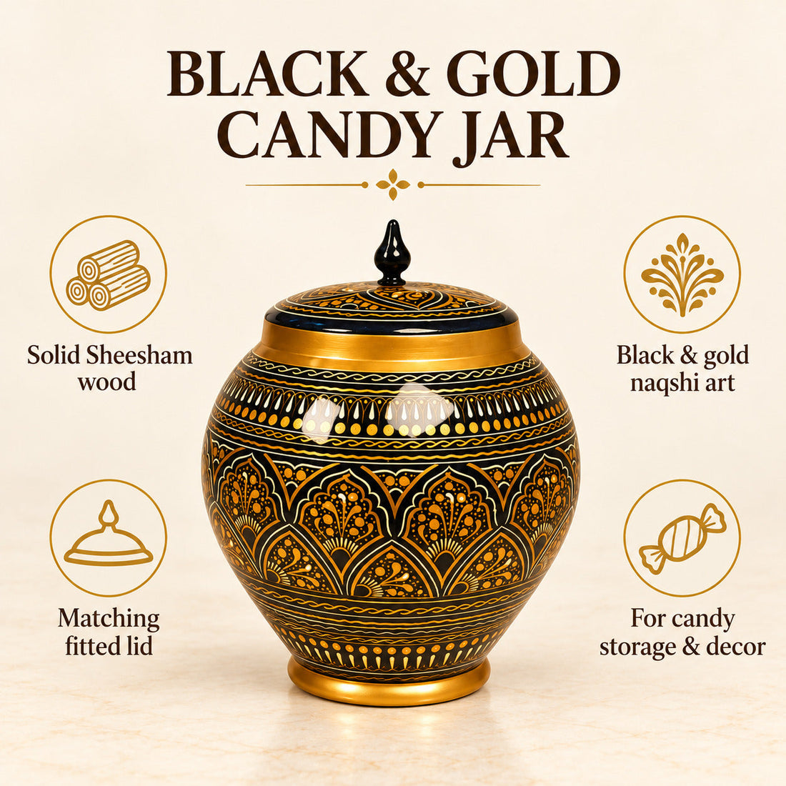 Black & Golden Naqshi Art Candy Jar