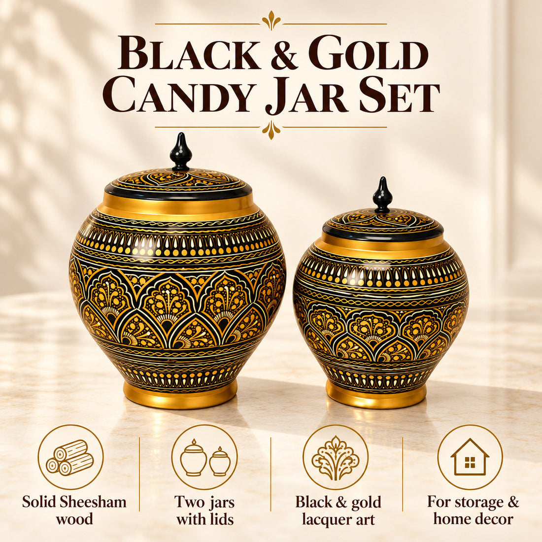 Black & Golden Candy Jar --- Set of 2
