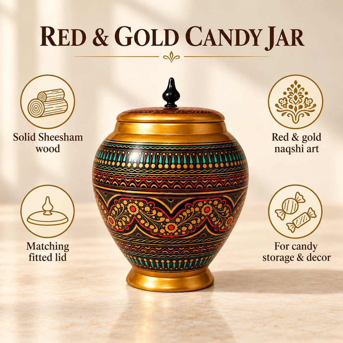 Wooden Handmaded Candy Jar With Red & Golden Naqshi Art