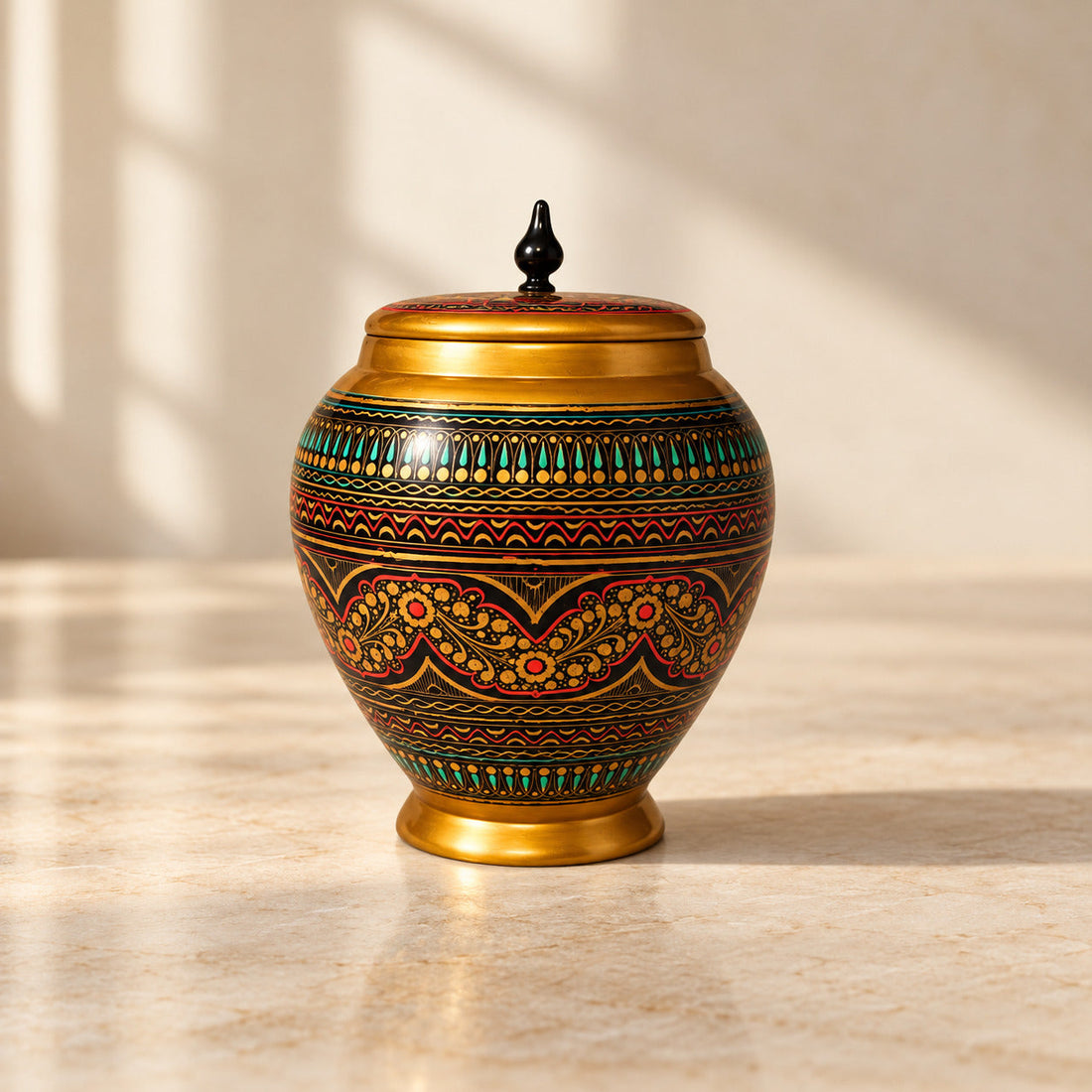 Wooden Handmaded Candy Jar With Red & Golden Naqshi Art