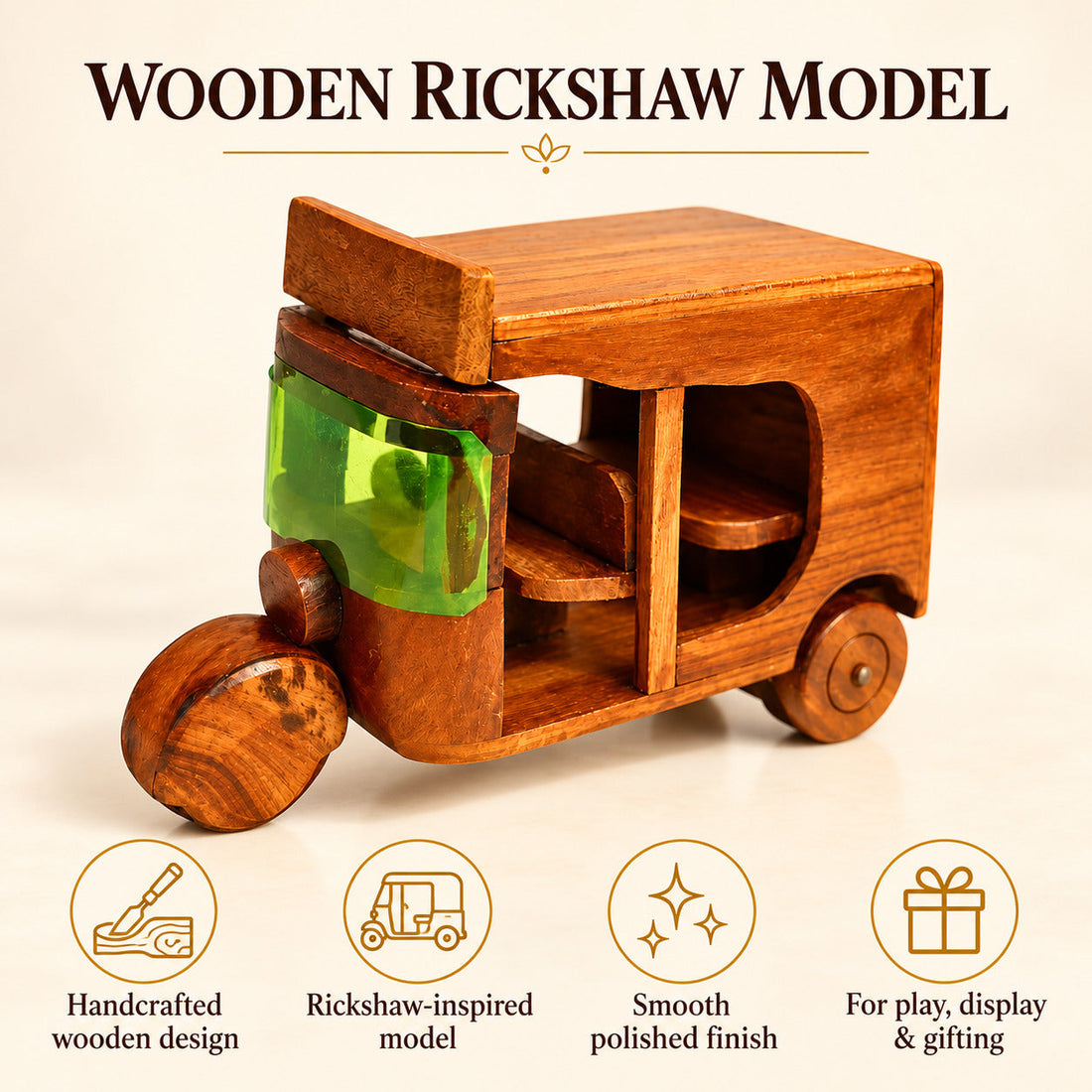 Wooden Handmaded Toy & Decoration Piece (RIKSHAW)-Eco-Friendly, Durable & Safe for Kids | Perfect Gift for Toddlers & Children