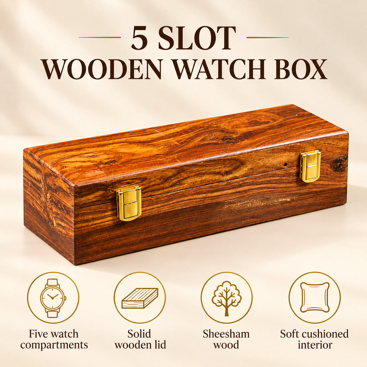 Luxury Wooden Watch Box – 5 Slot Organizer with Solid Wooden Lid