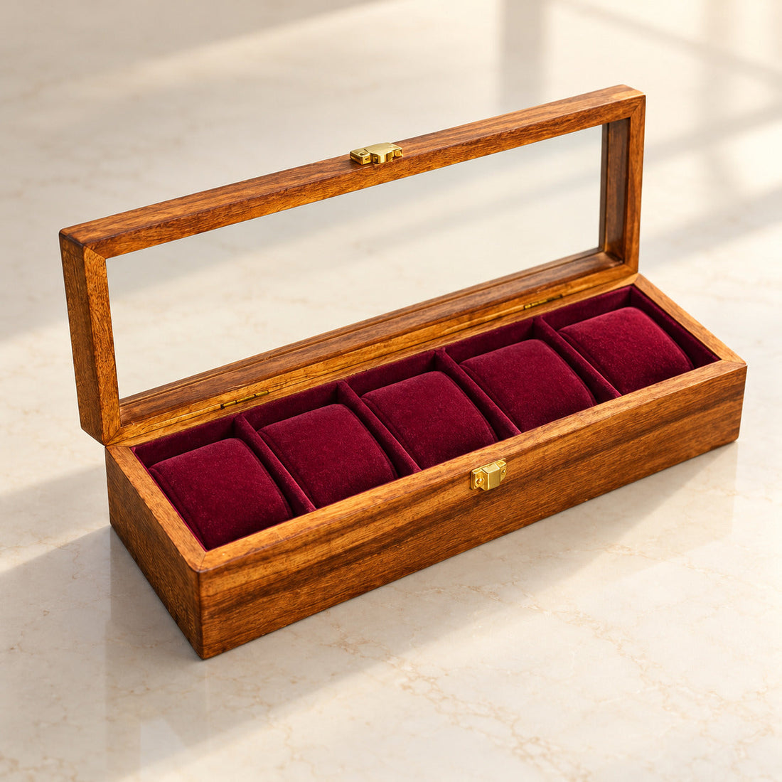 Wooden Watch Box ( 5 Portion ) With Glass Cover  Handmade product