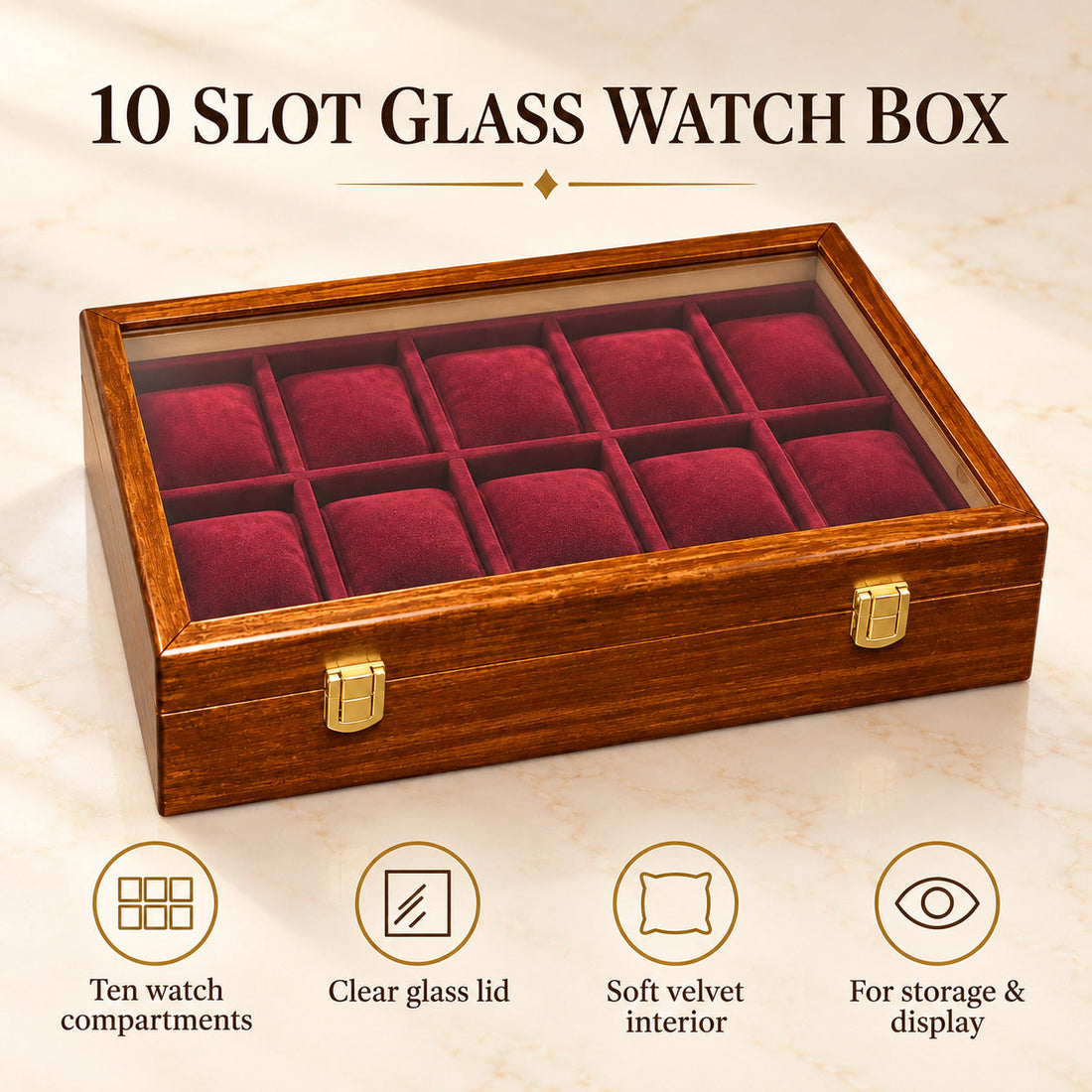 Wooden Watch Box ( 10 Portion ) With Glass Cover Handmaded product