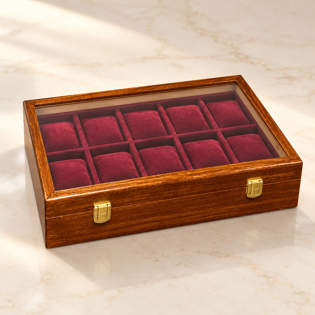 Wooden Watch Box ( 10 Portion ) With Glass Cover Handmaded product