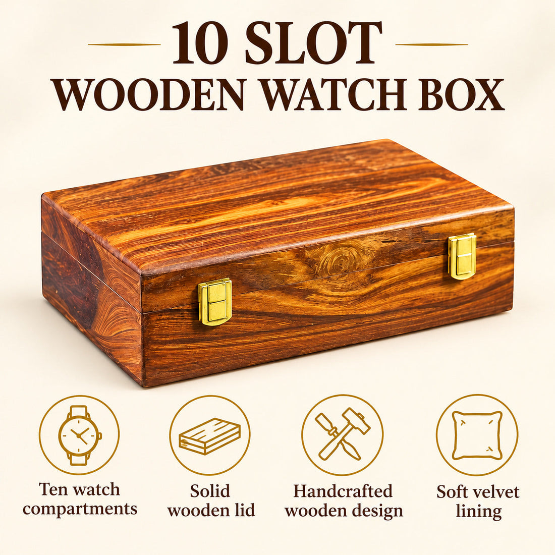 Handmade Wooden Watch Box – 10 Slot Organizer with Solid Wooden Lid