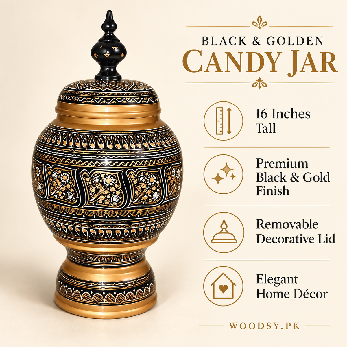Black & Golden Candy Jar – 16 Inches